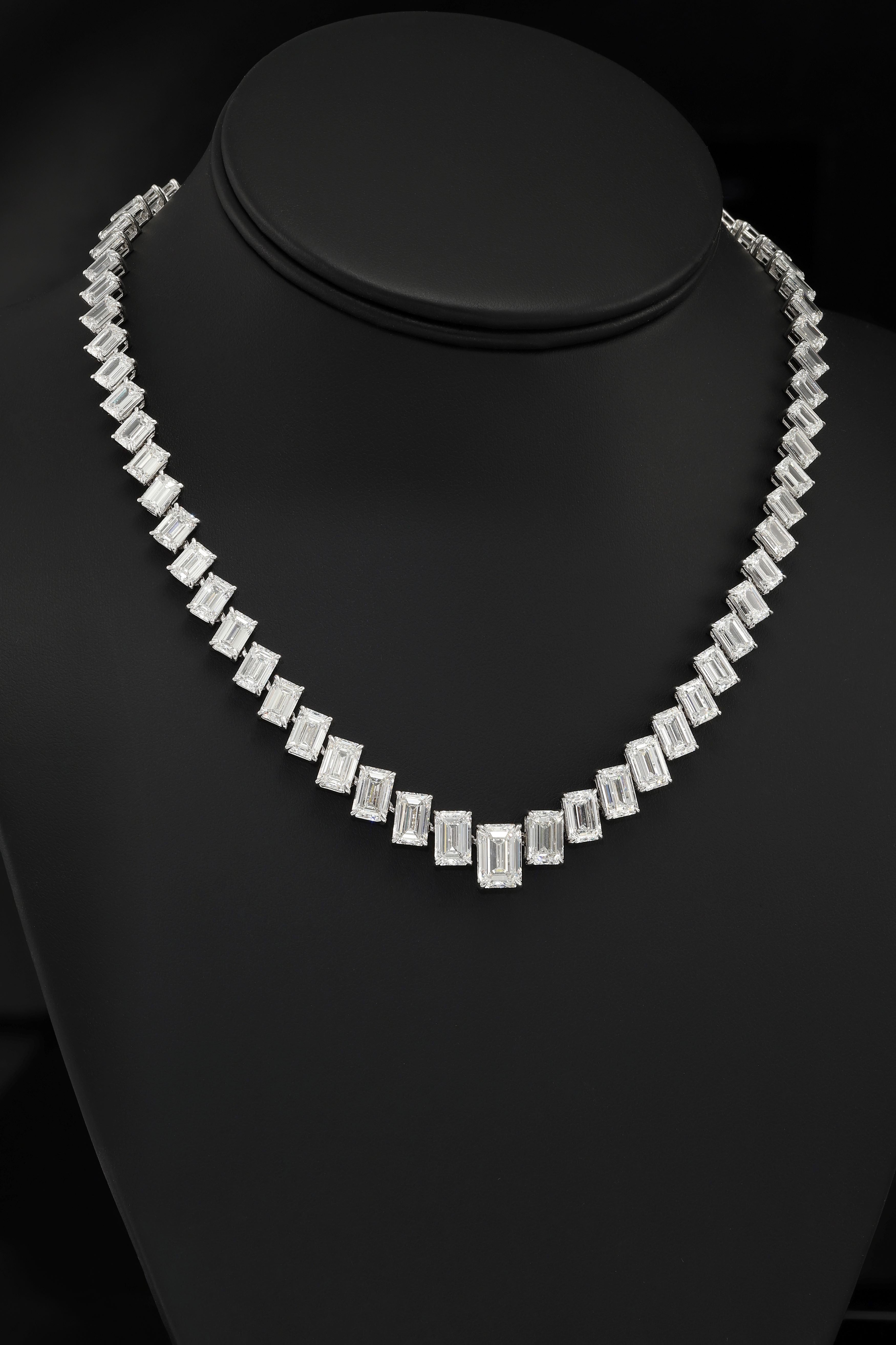 18K White Gold Graduated Emerald Cut Diamond Necklace 55.56Ct Necklace