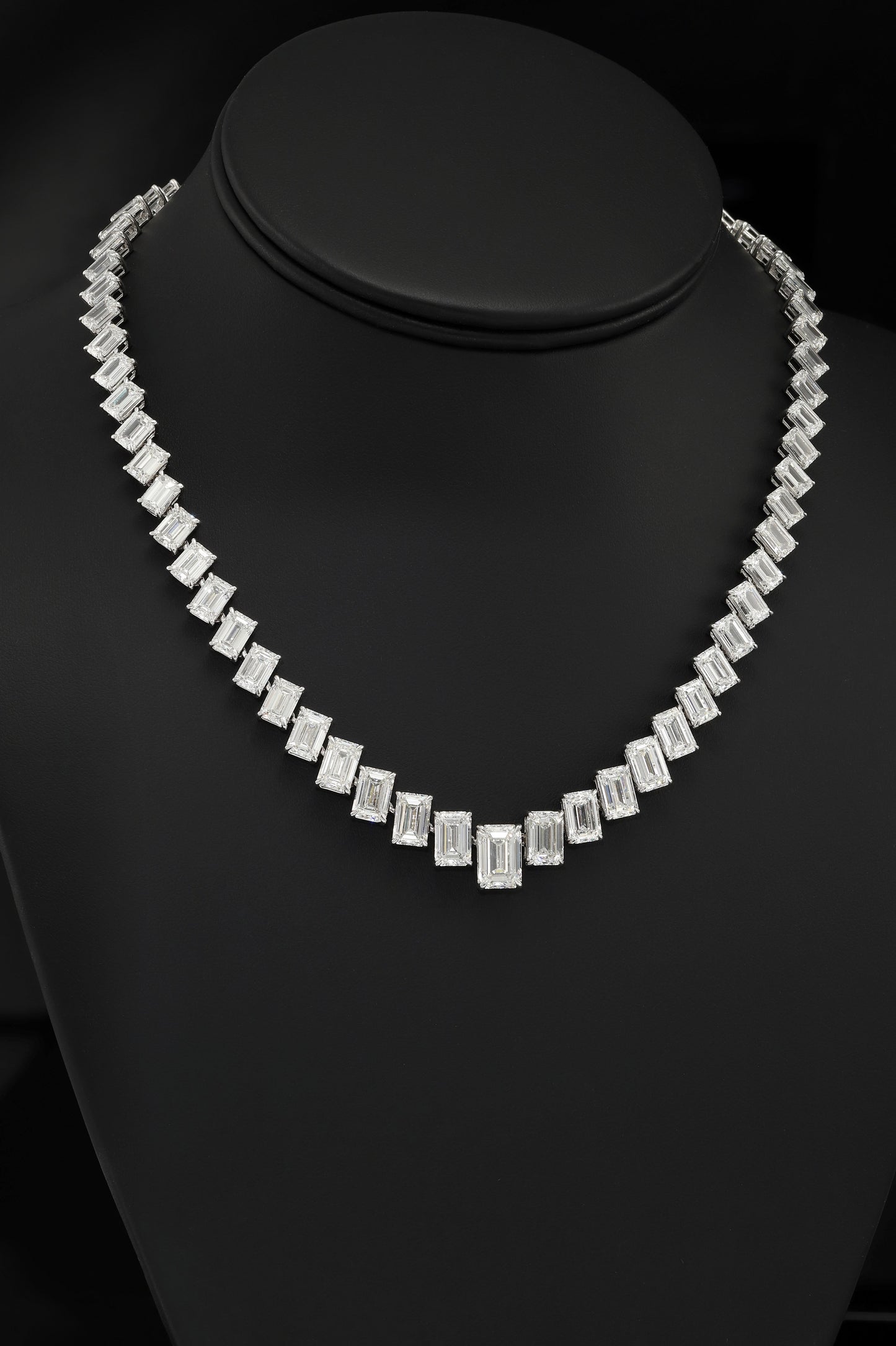 18K White Gold Graduated Emerald Cut Diamond Necklace 55.56ct