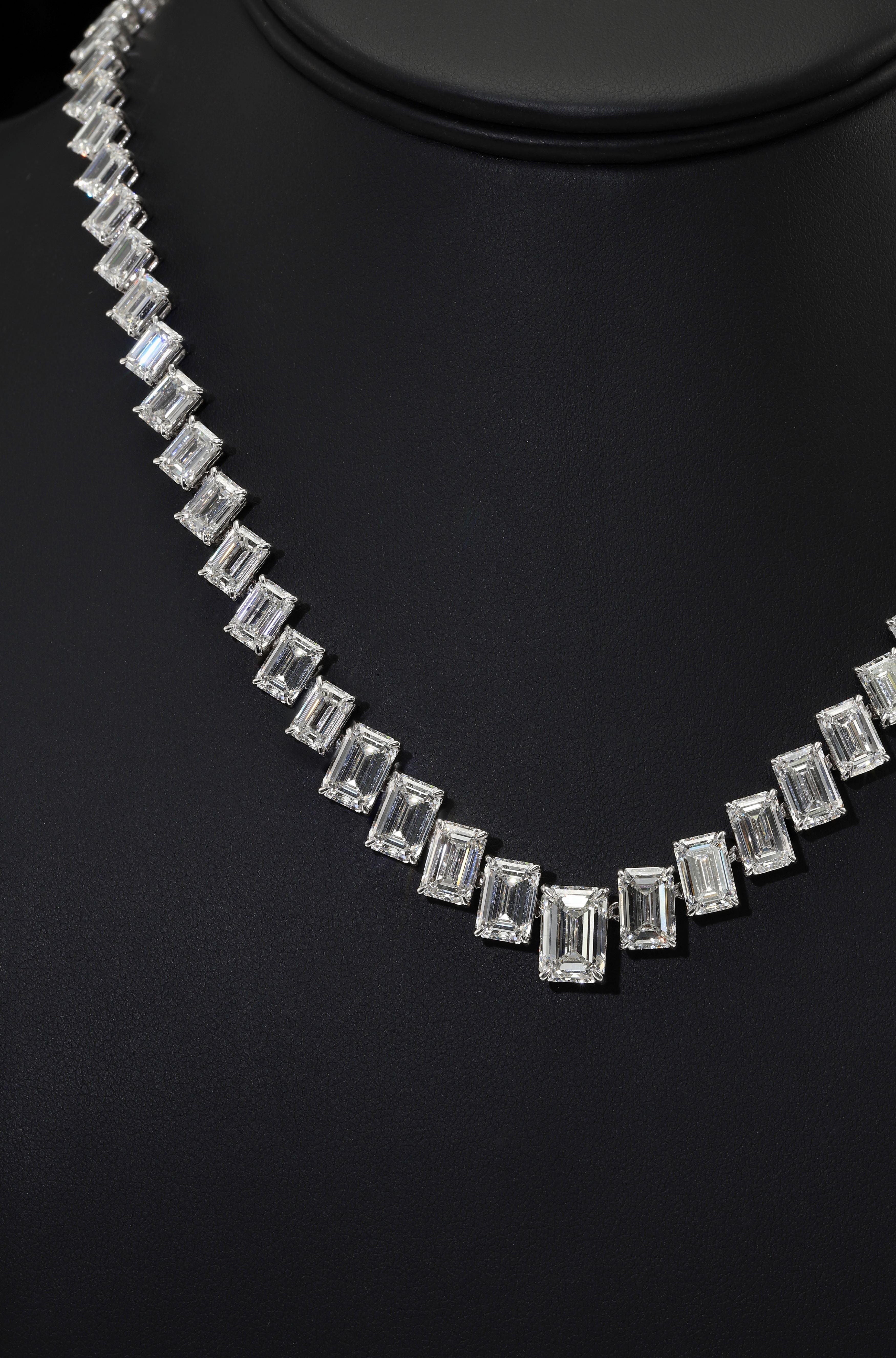 18K White Gold Graduated Emerald Cut Diamond Necklace 55.56Ct Necklace