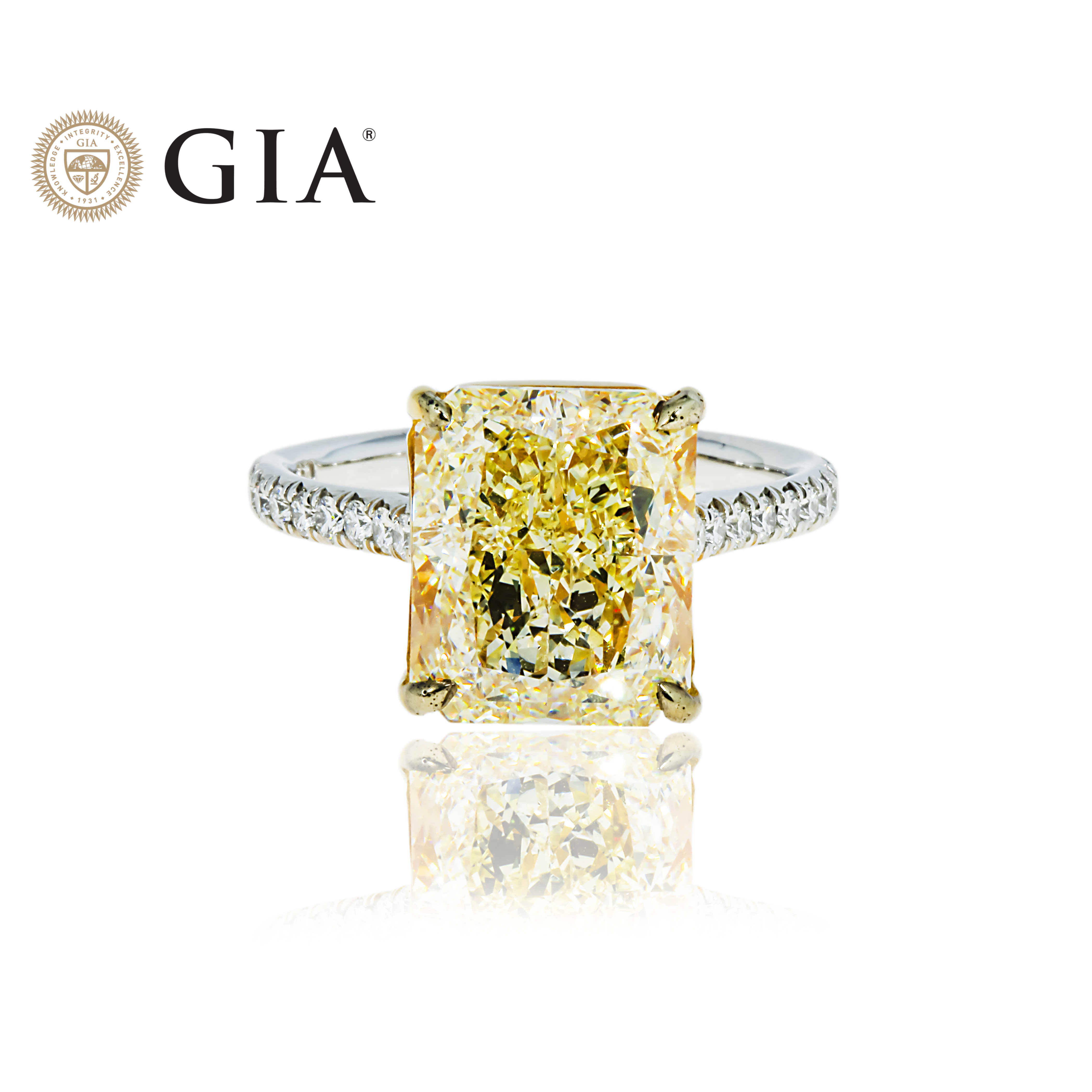 Gia Platinum 6.42Ct Radiant Cut Fancy Yellow Diamond Engagement Ring 6.82Ctw Bridal