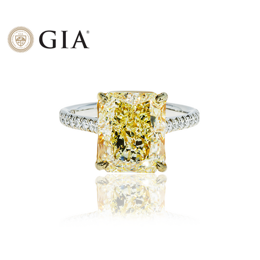 GIA Platinum 6.42ct Radiant Cut Fancy Yellow Diamond Engagement Ring 6.82ctw