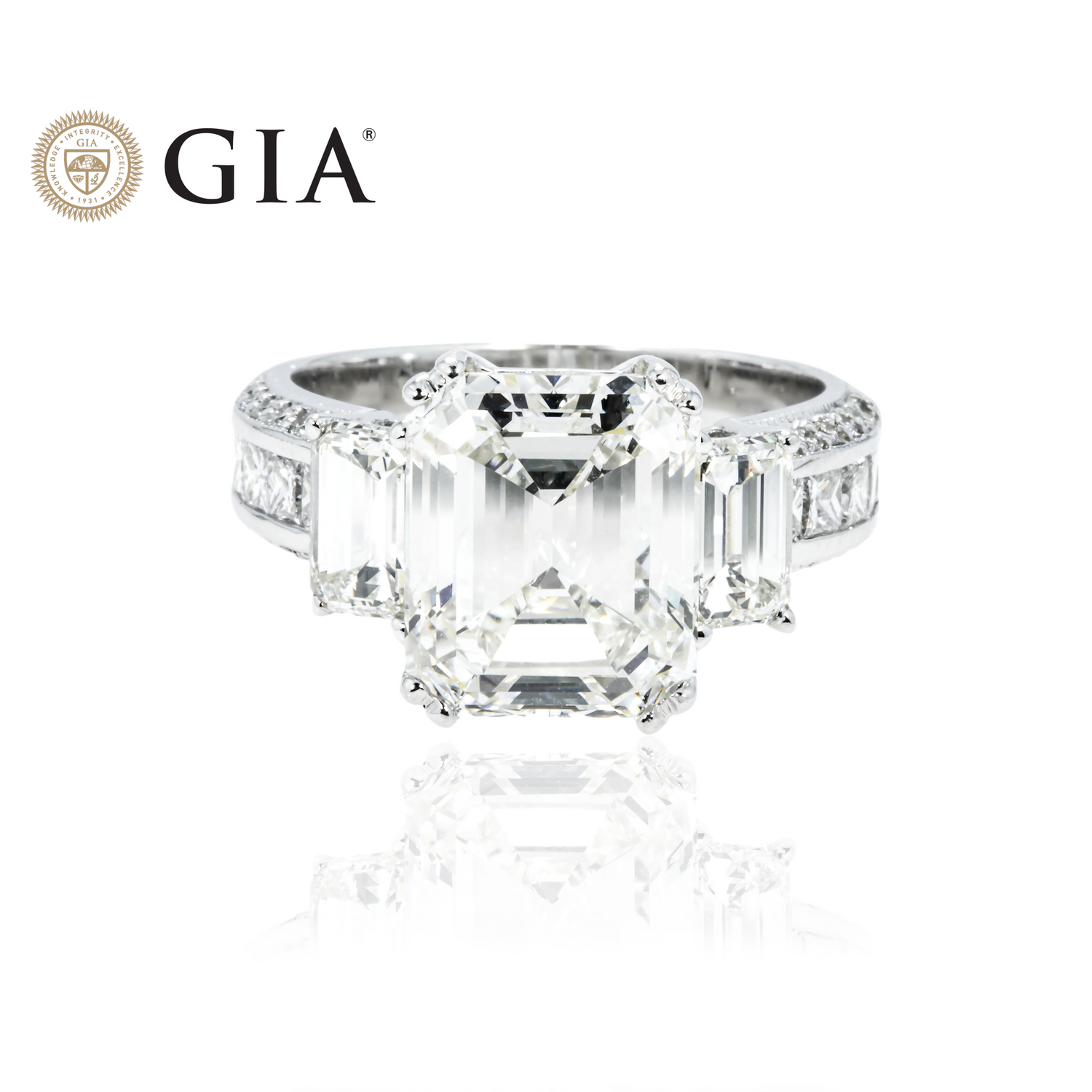 Gia 18K White Gold 5.11Ct Triple Emerald Cut Diamond Engagement Ring 7.09Ctw Bridal