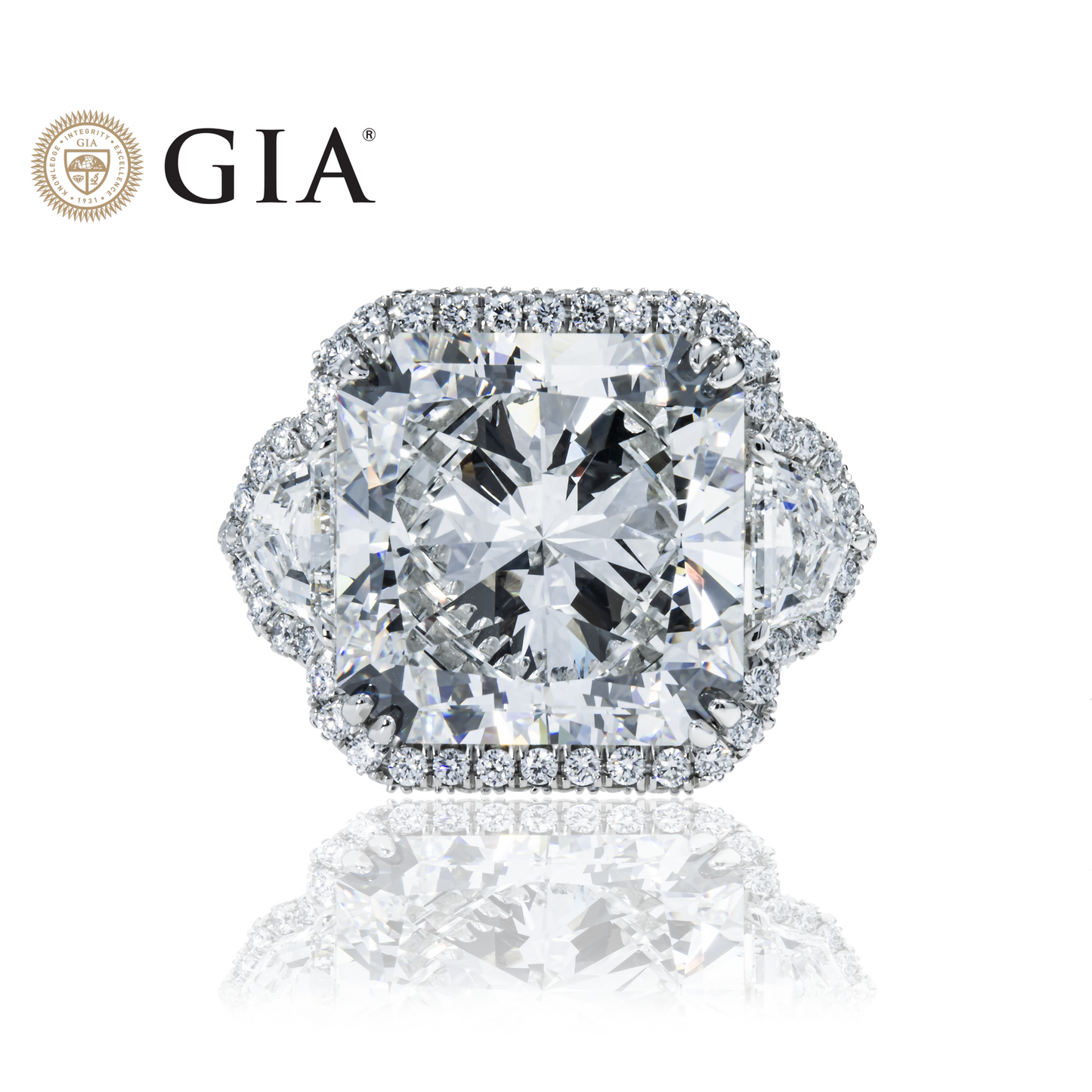 GIA Platinum 20.03ct Square Radiant Cut Triple Diamond Engagement Ring 23.13ctw