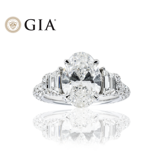 GIA 18K White Gold 3.40ct Oval Cut Triple Diamond Engagement Ring