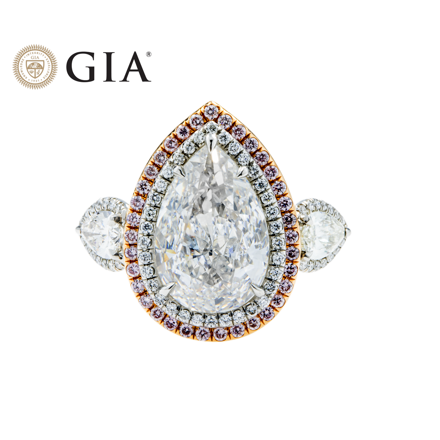 GIA Two Tone 7.77ct Triple Pear Cut & Pink Diamond Engagement Ring 10.69ctw