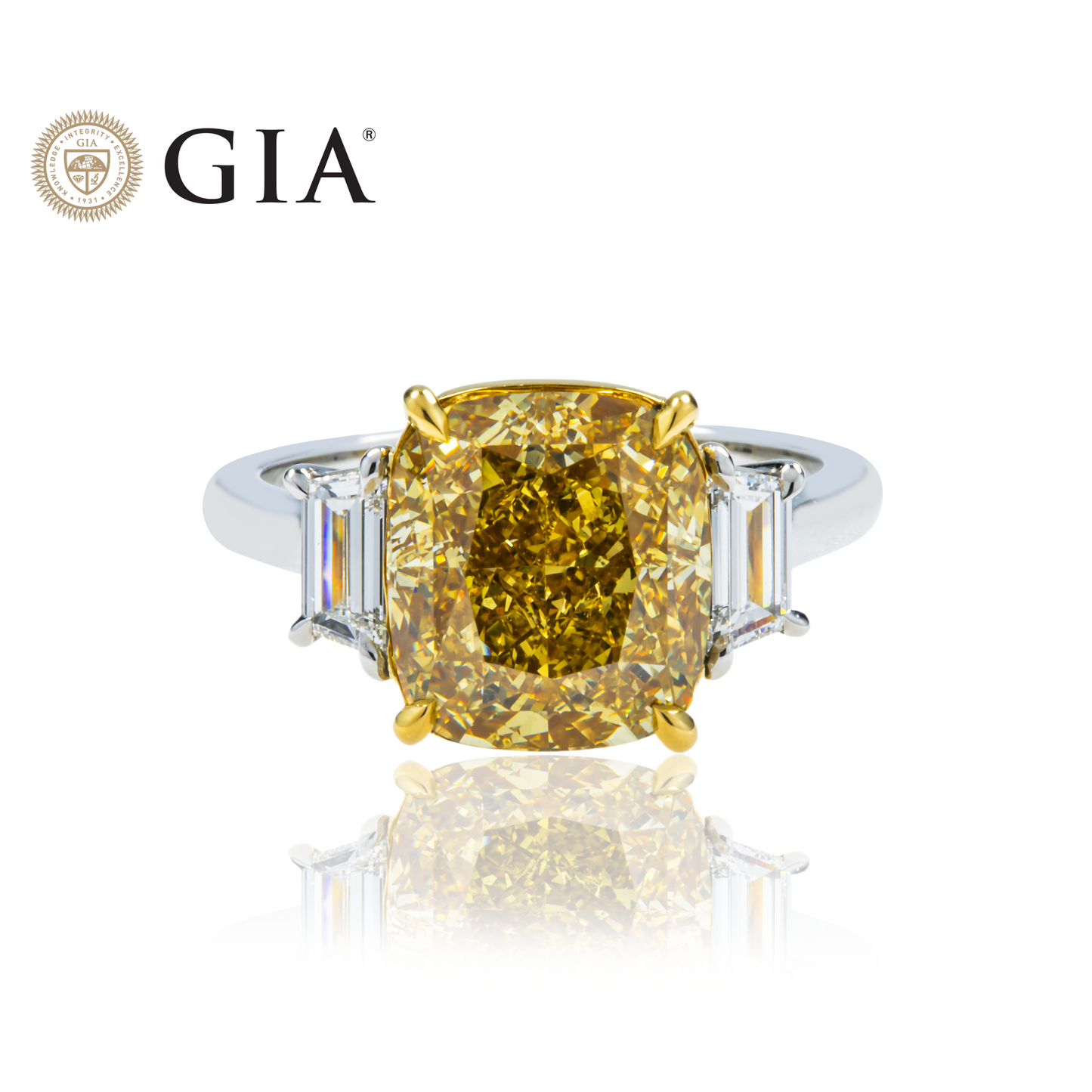 GIA Platinum 5.65ct Cushion Cut Fancy Yellow Engagement Ring 6.21ctw