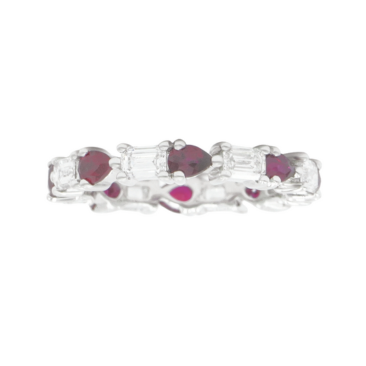 14K White Gold Emerald Cut Diamond & Pear Ruby Eternity Ring Rings