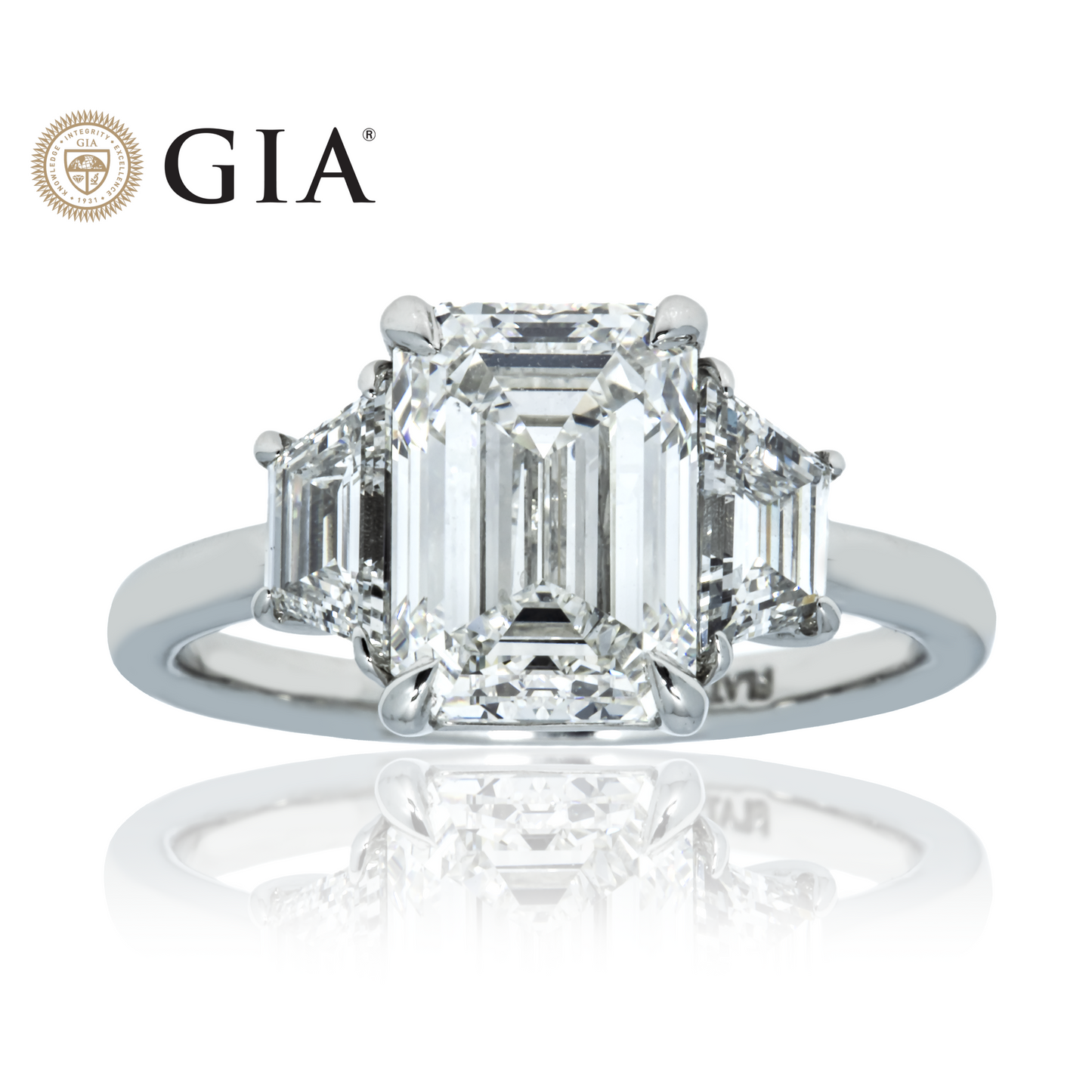 GIA Platinum 3.03ct Emerald Cut Triple Diamond Engagement Ring 3.75ctw