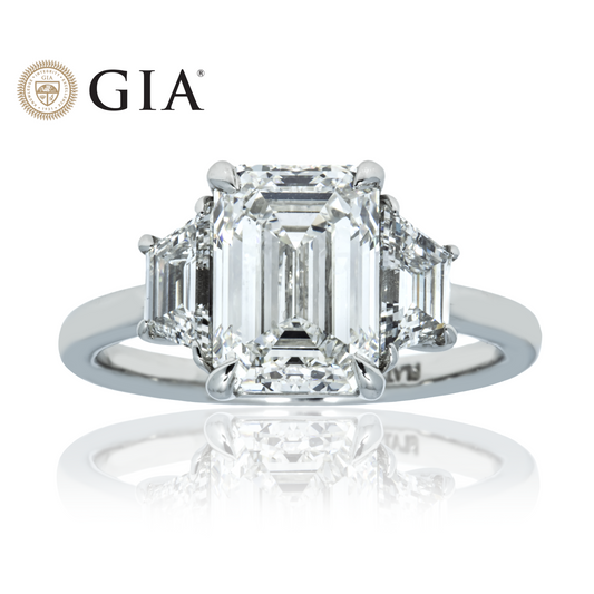 GIA Platinum 3.03ct Emerald Cut Triple Diamond Engagement Ring 3.75ctw