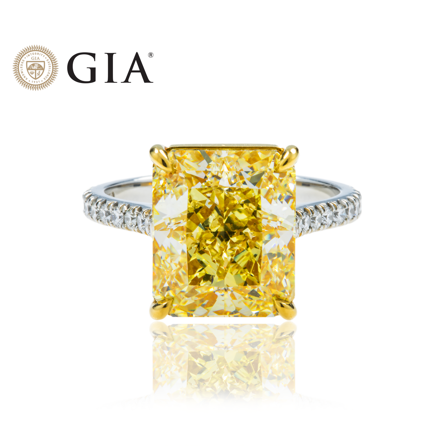 GIA Platinum 8.01ct Radiant Cut Fancy Yellow Diamond Engagement Ring 8.46ctw