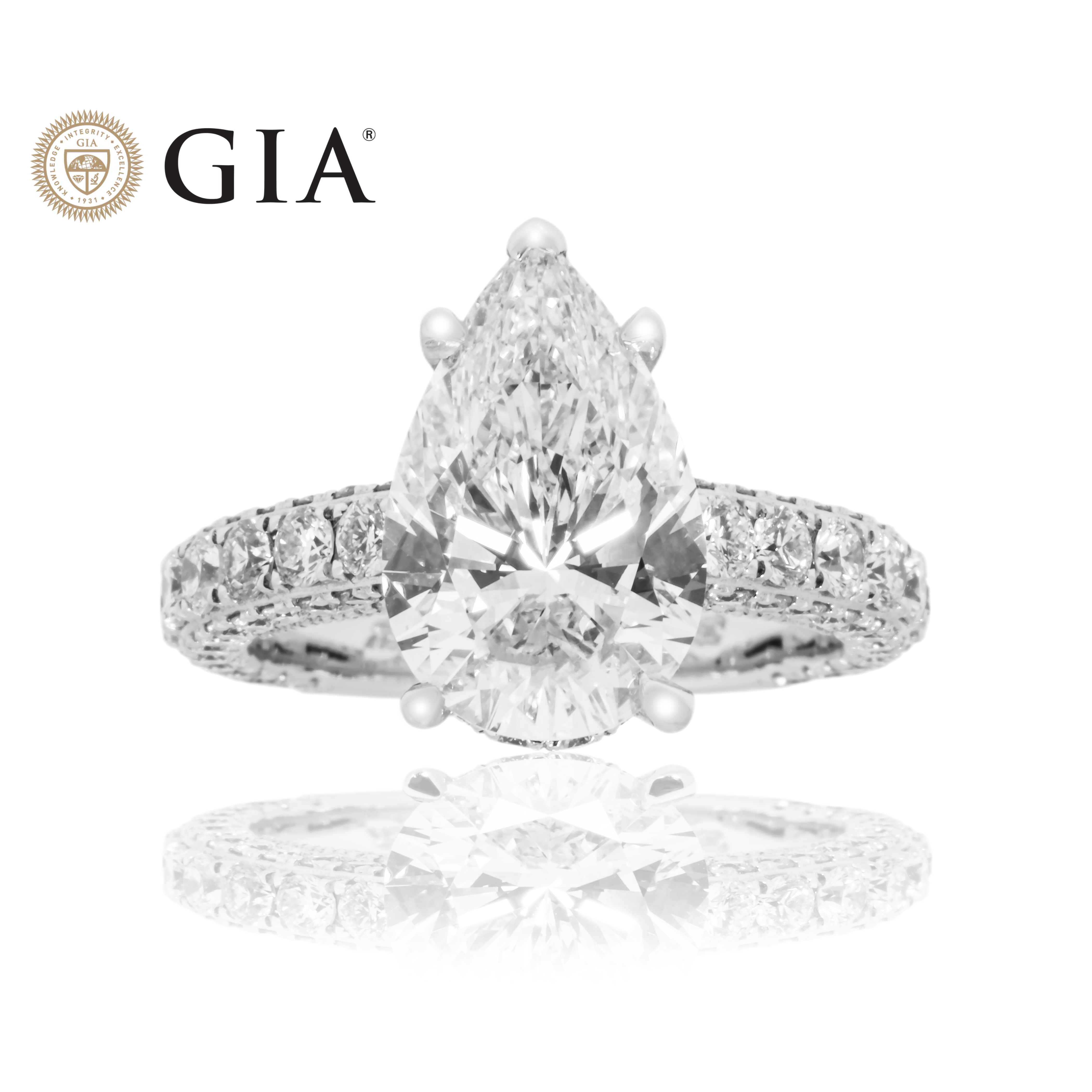 Gia 18K White Gold 4.09Ct Pear Cut Diamond Engagement Ring 6.02Ctw Bridal