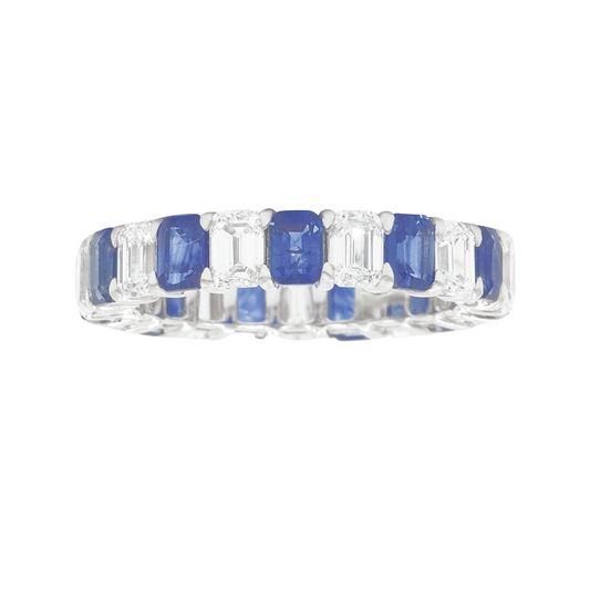 14K White Gold Emerald Cut Diamond & Sapphire Eternity Ring (Size 7) Rings