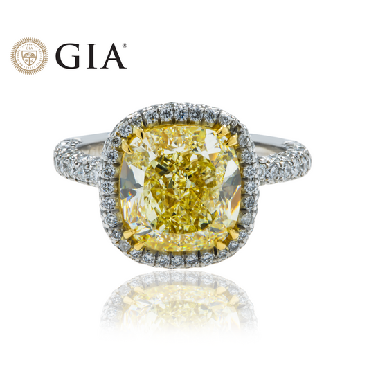 GIA Platinum 5.10ct Cushion Cut Fancy Yellow Diamond Ring 5.88ctw