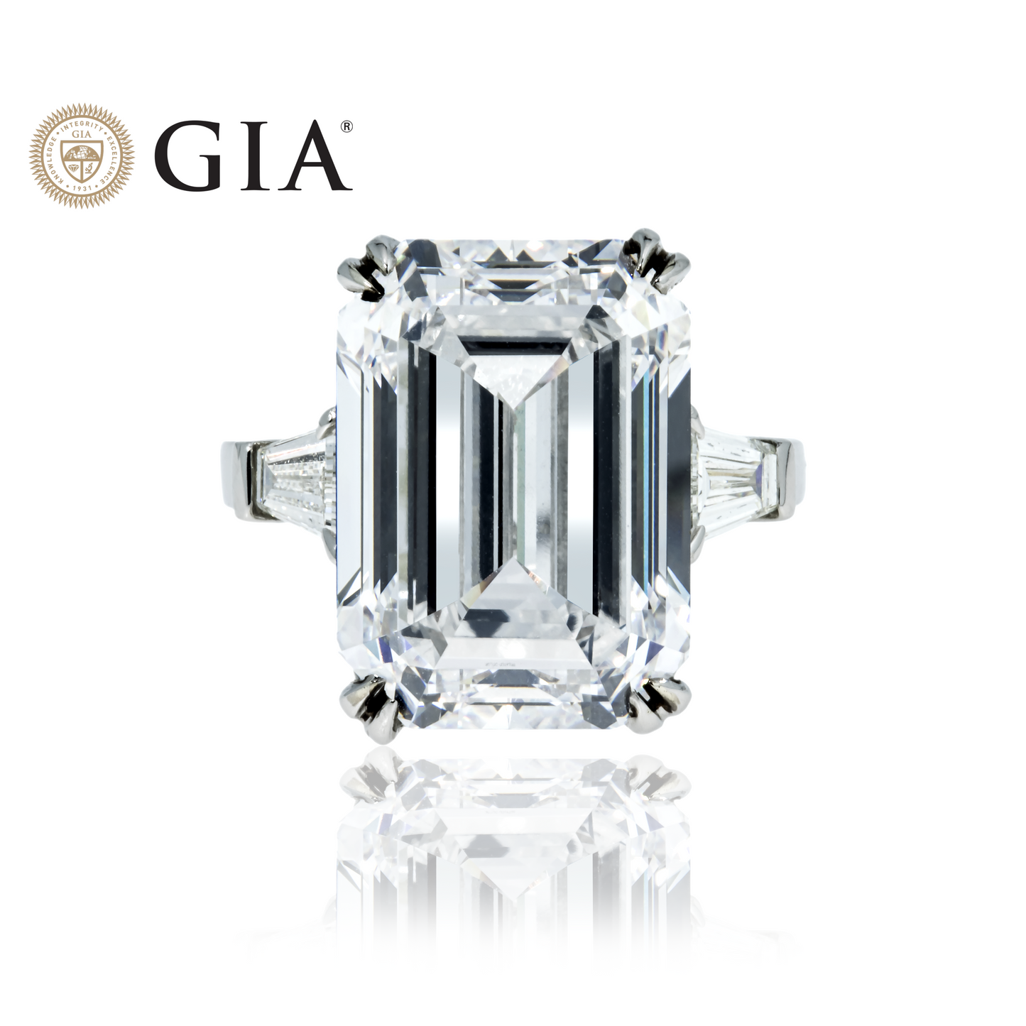 GIA Platinum 14.63ct Emerald Cut Triple Diamond Engagement Ring 15.42ctw