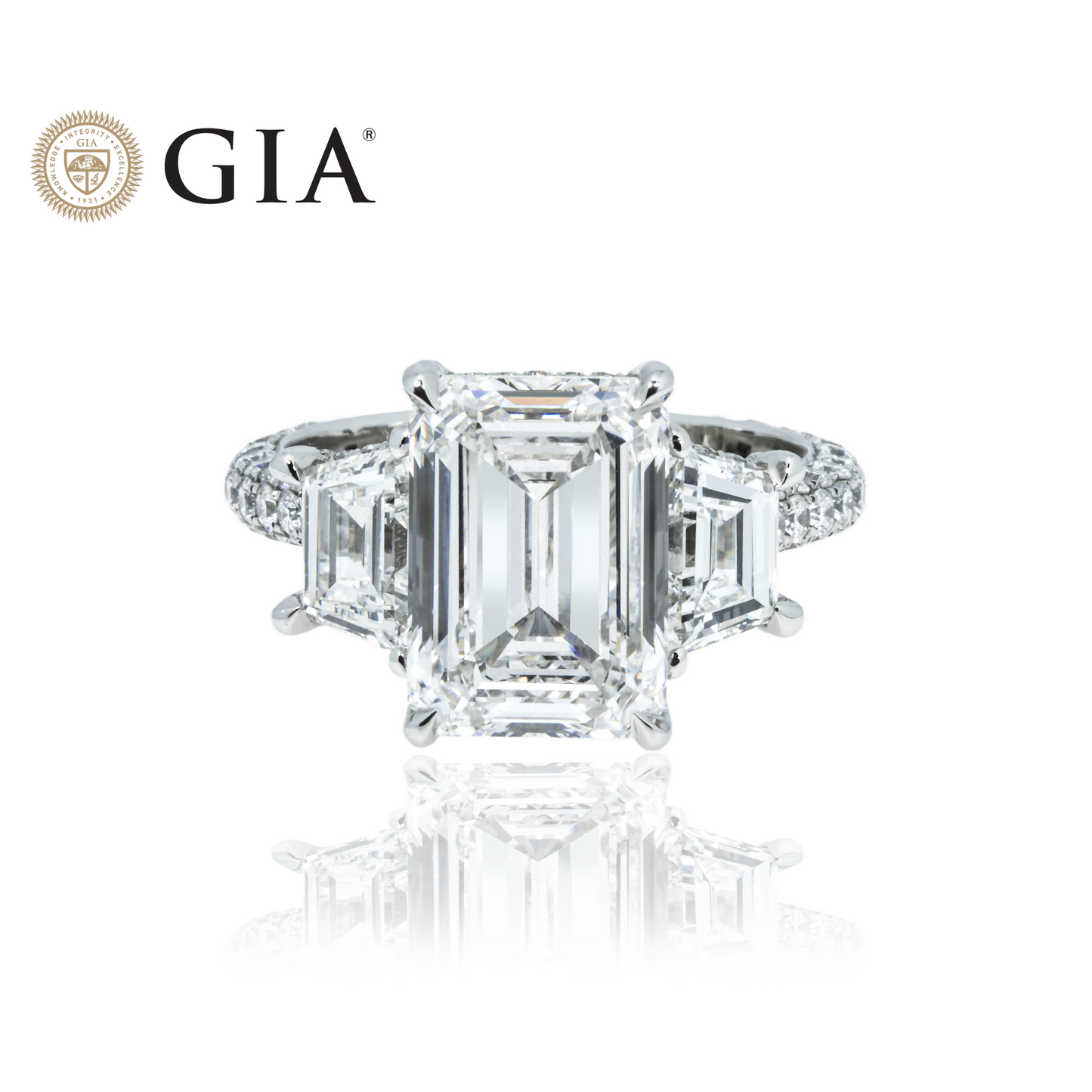 GIA Platinum 5.13ct Triple Emerald Cut Diamond Engagement Ring 6.43ctw