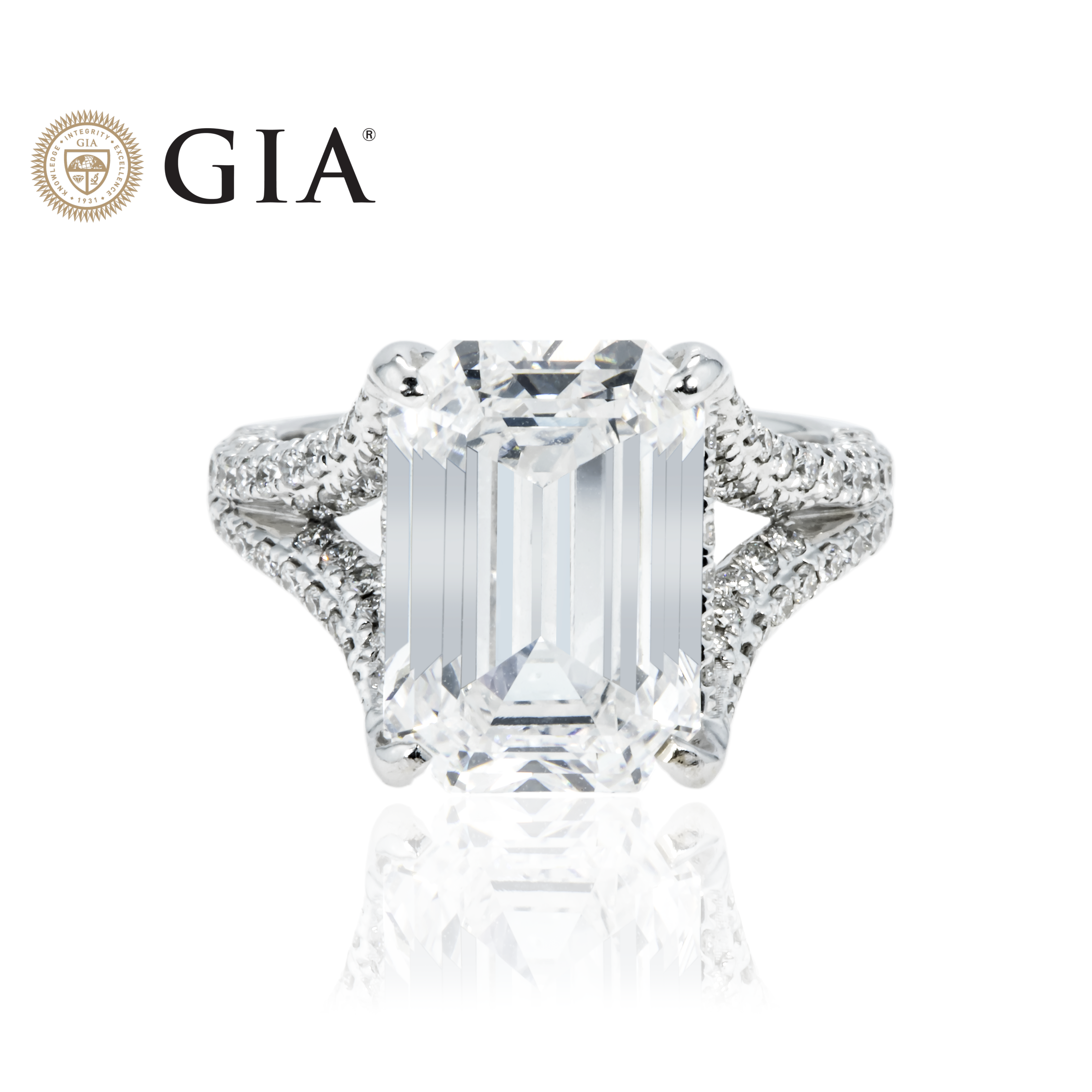 Gia 18K White Gold 7.01Ct Emerald Cut Diamond Engagement Ring 8.16Ctw Bridal