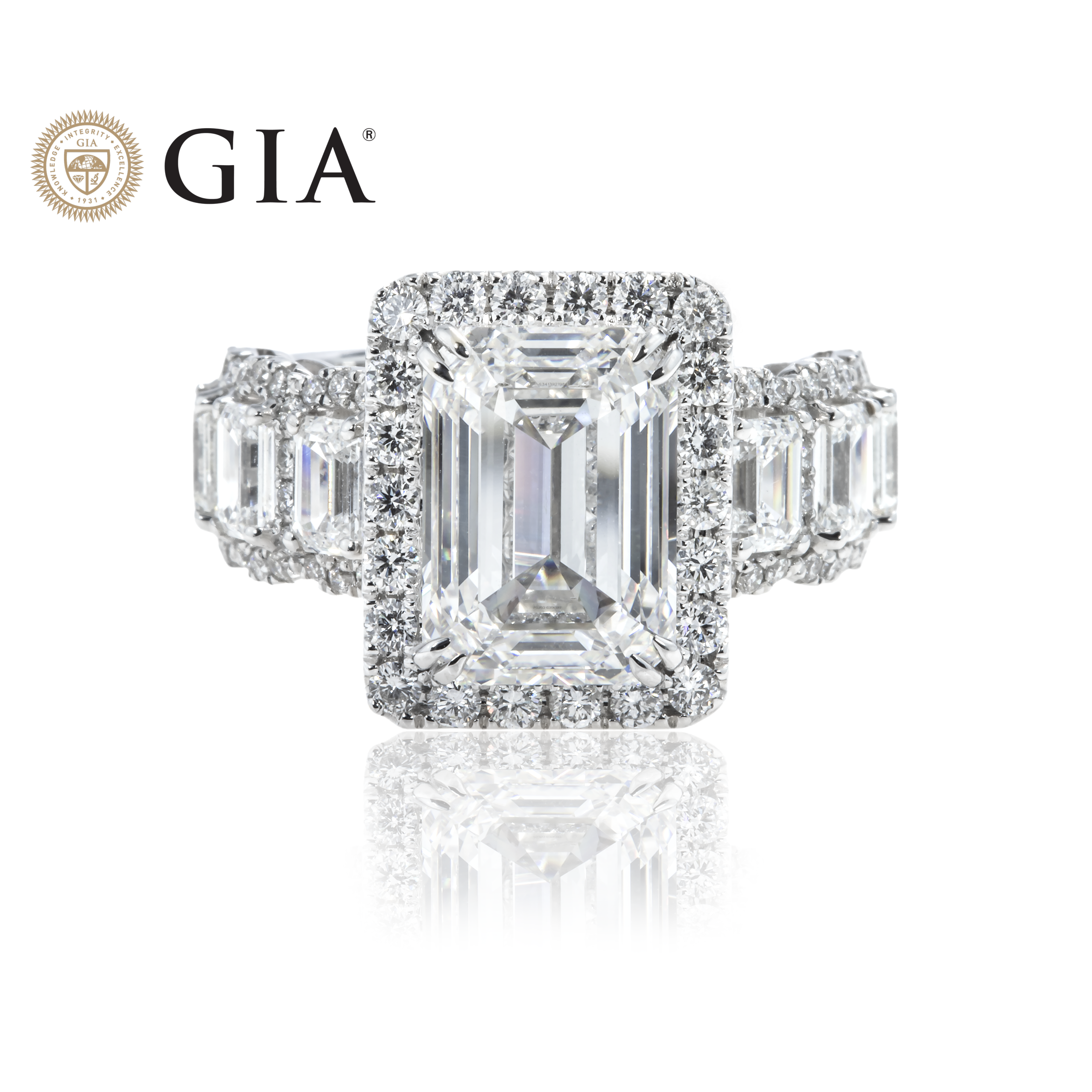 Gia 18K White Gold 5.0Ct Emerald Cut Diamond Engagement Ring 8.03Ctw Bridal