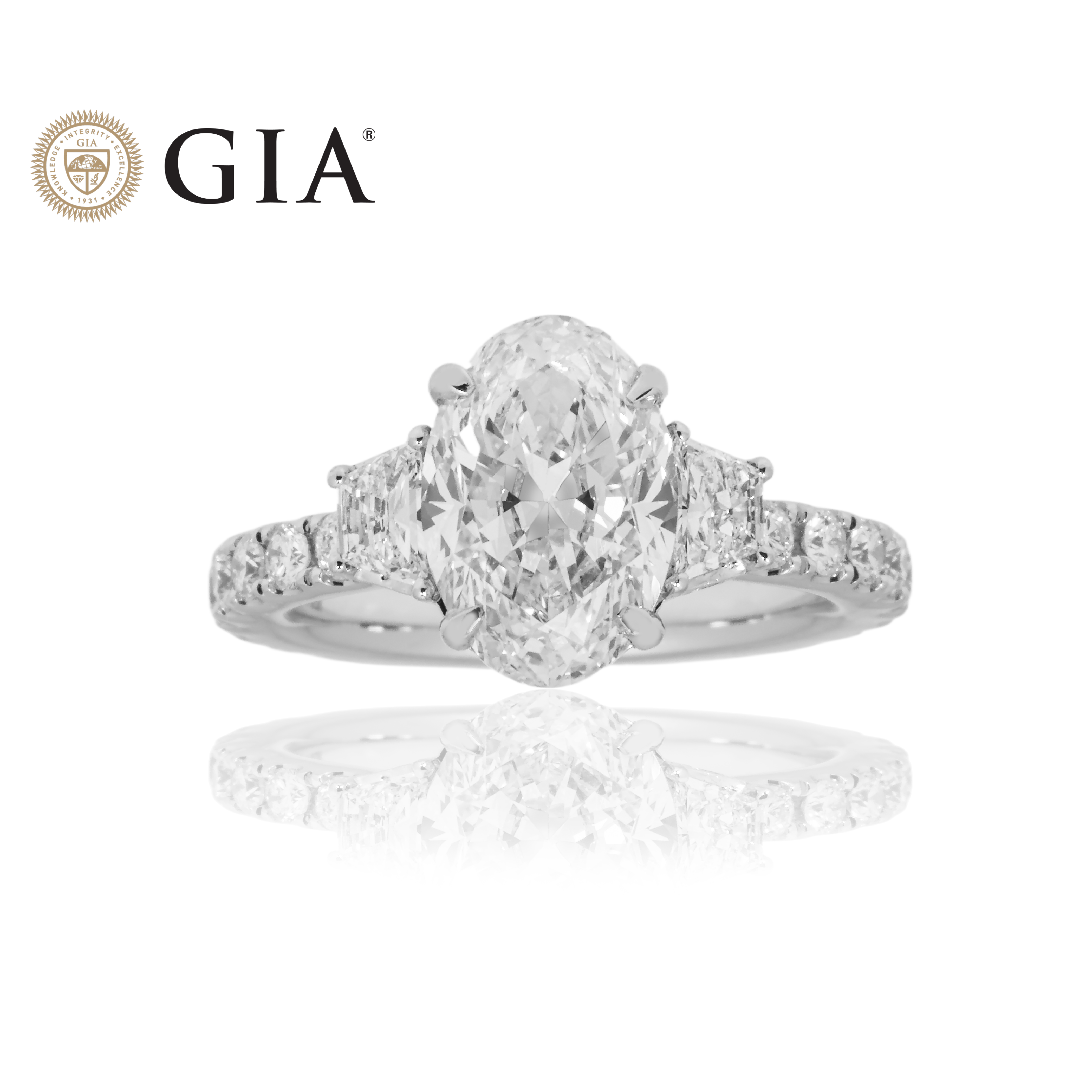 Gia 18K White Gold 3.03 Oval Cut Triple Diamond Engagement Ring 4.18Ctw Bridal