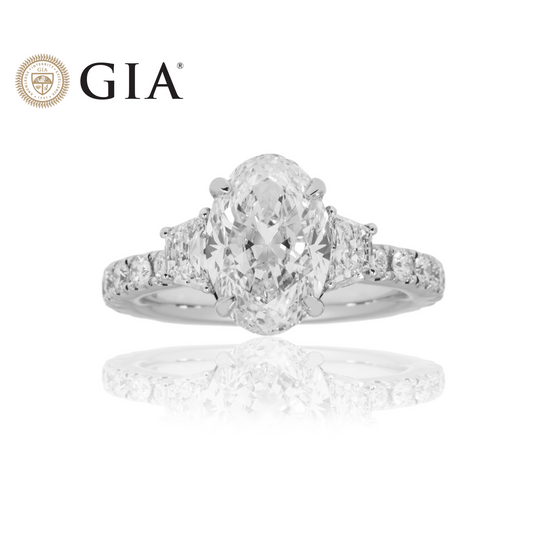 GIA 18K White Gold 3.03 Oval Cut Triple Diamond Engagement Ring 4.18ctw