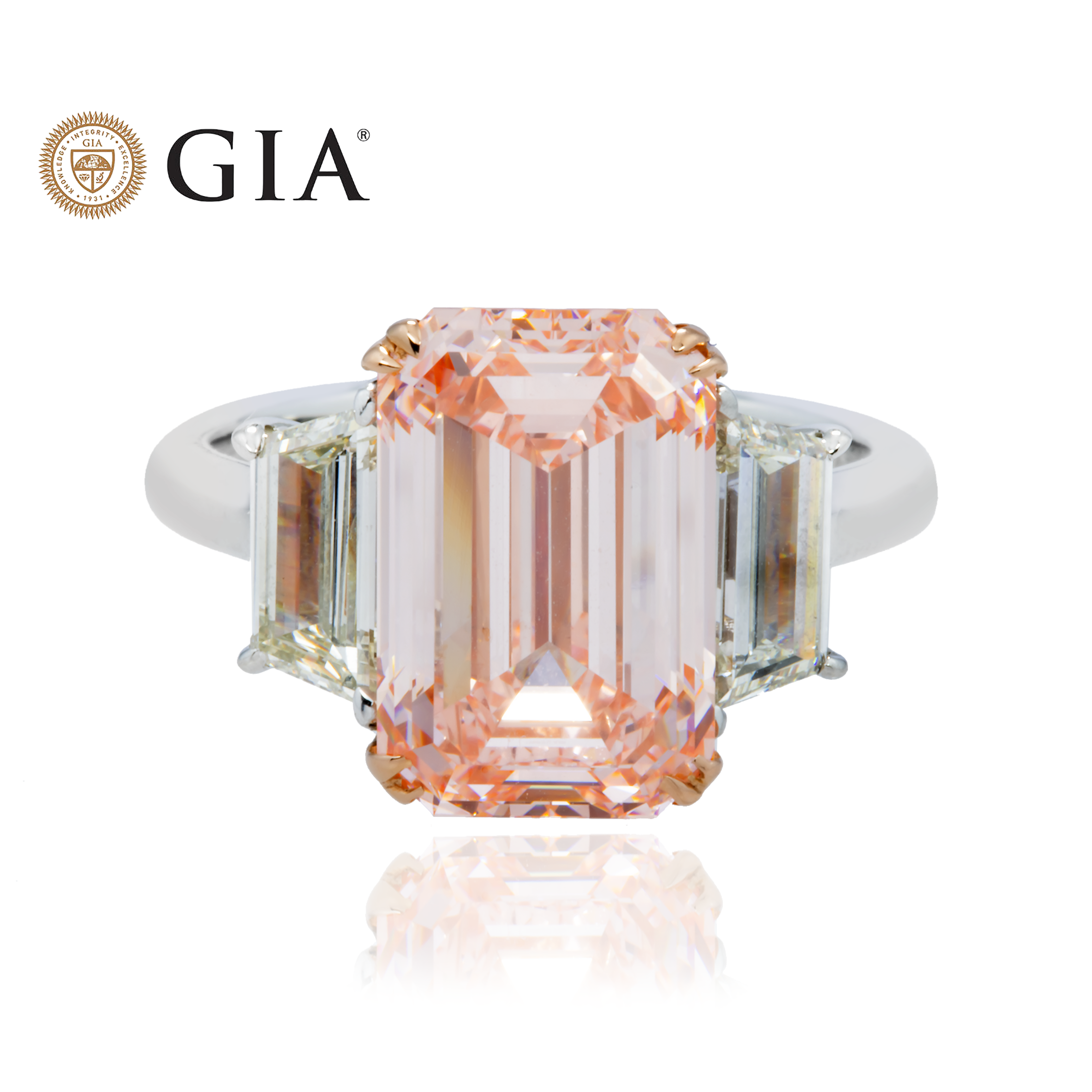 GIA Platinum 5.76ct Emerald Cut Fancy Pink Triple Diamond Ring 6.93ctw