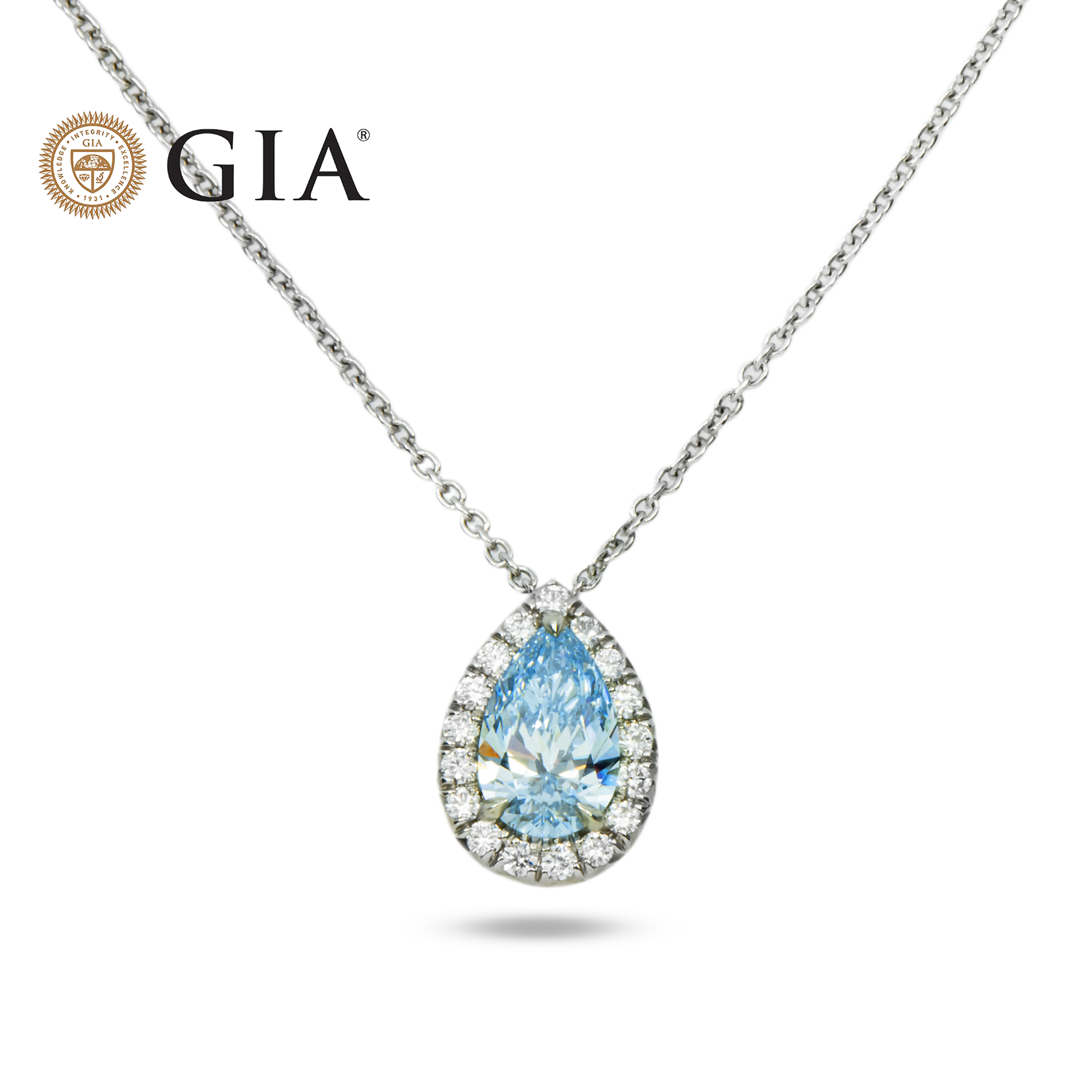 GIA Platinum Pear Cut Fancy Intense Blue Diamond Pendant & Chain Necklace