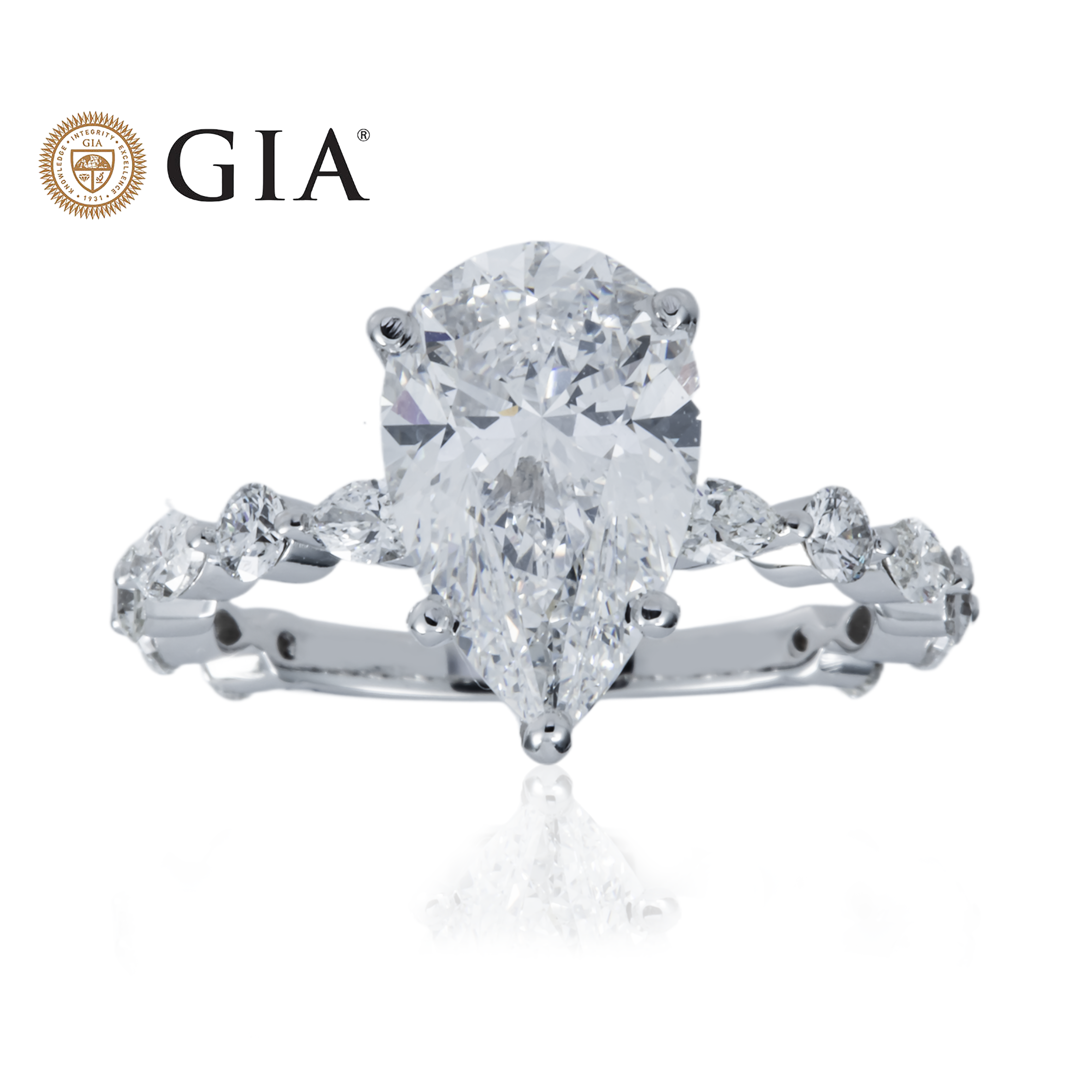 GIA 18K White Gold 3.0ct Pear Cut Diamond Engagement Ring 4.05ctw