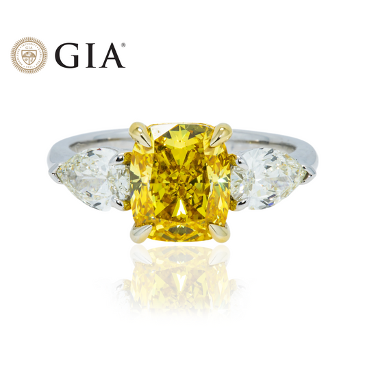 GIA Platinum 2.74ct Fancy Vivid Yellow Cushion Triple Diamond Engagement Ring 3.74ctw