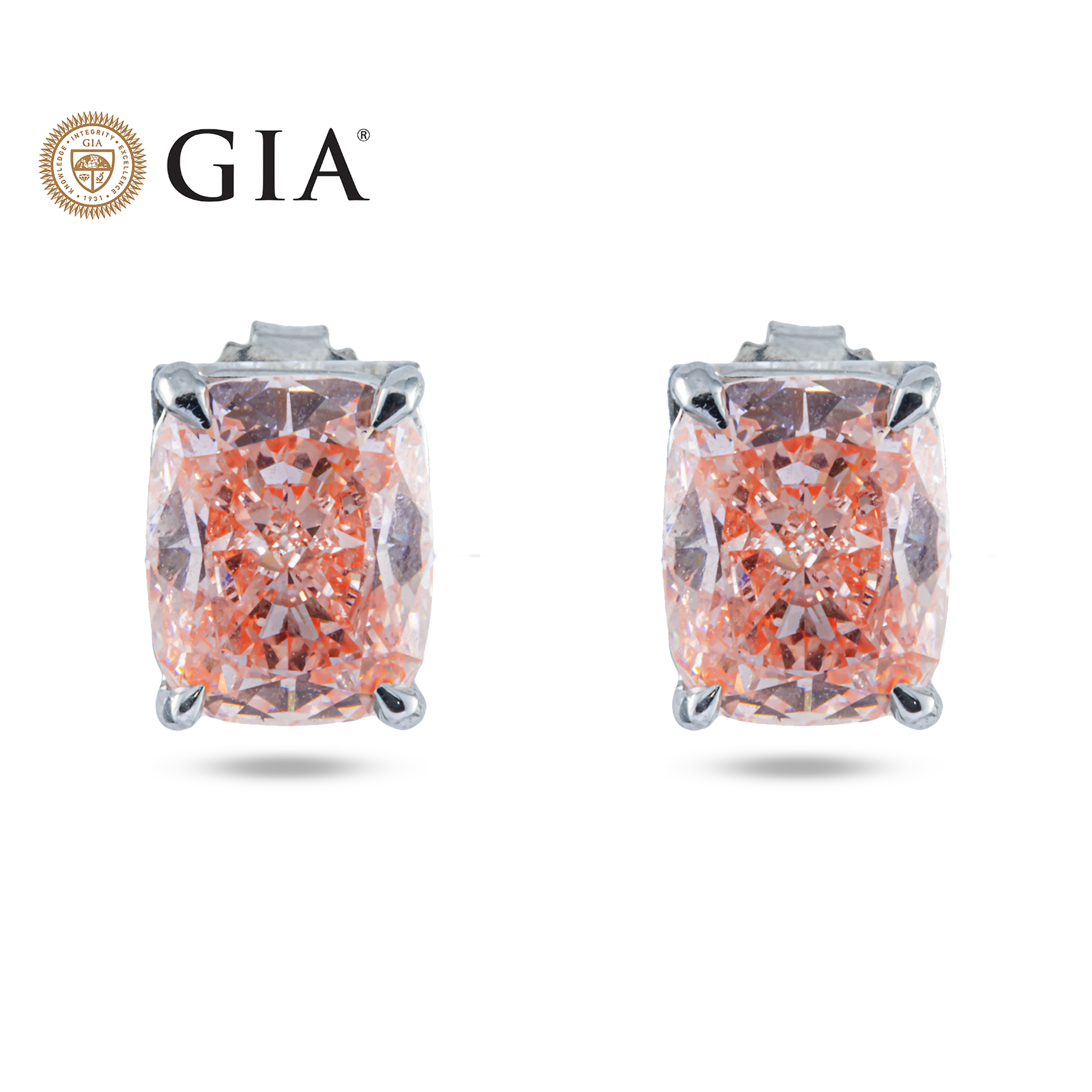 GIA 14K White Gold Solitaire Fancy Vivid Pink Cushion Diamond Stud Earrings 4.63ctw