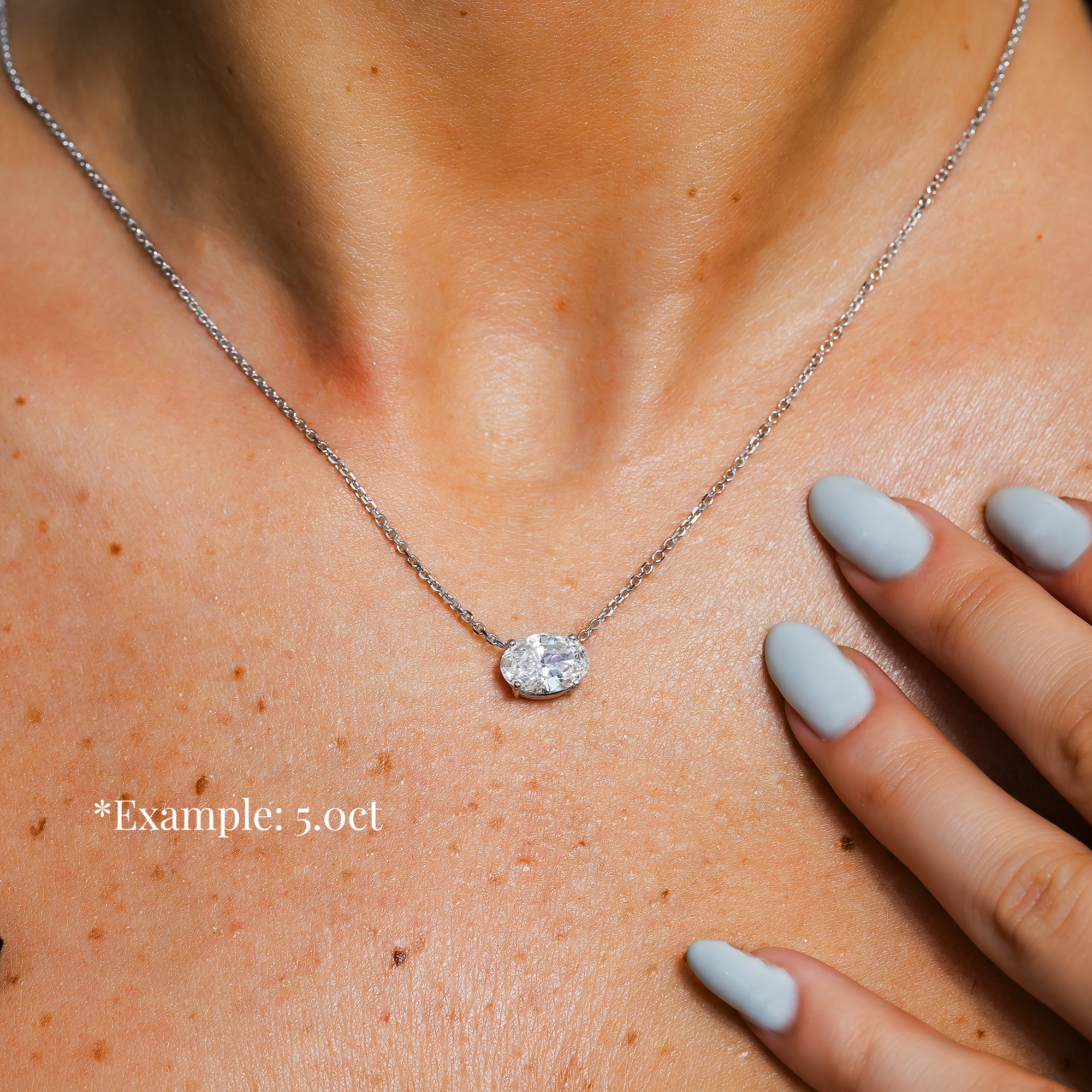 Choose Your Size - 14K White Gold IGI Horizontal Oval Diamond Solitaire Adjustable Chain Necklace (2.0ct-6.0ct total)