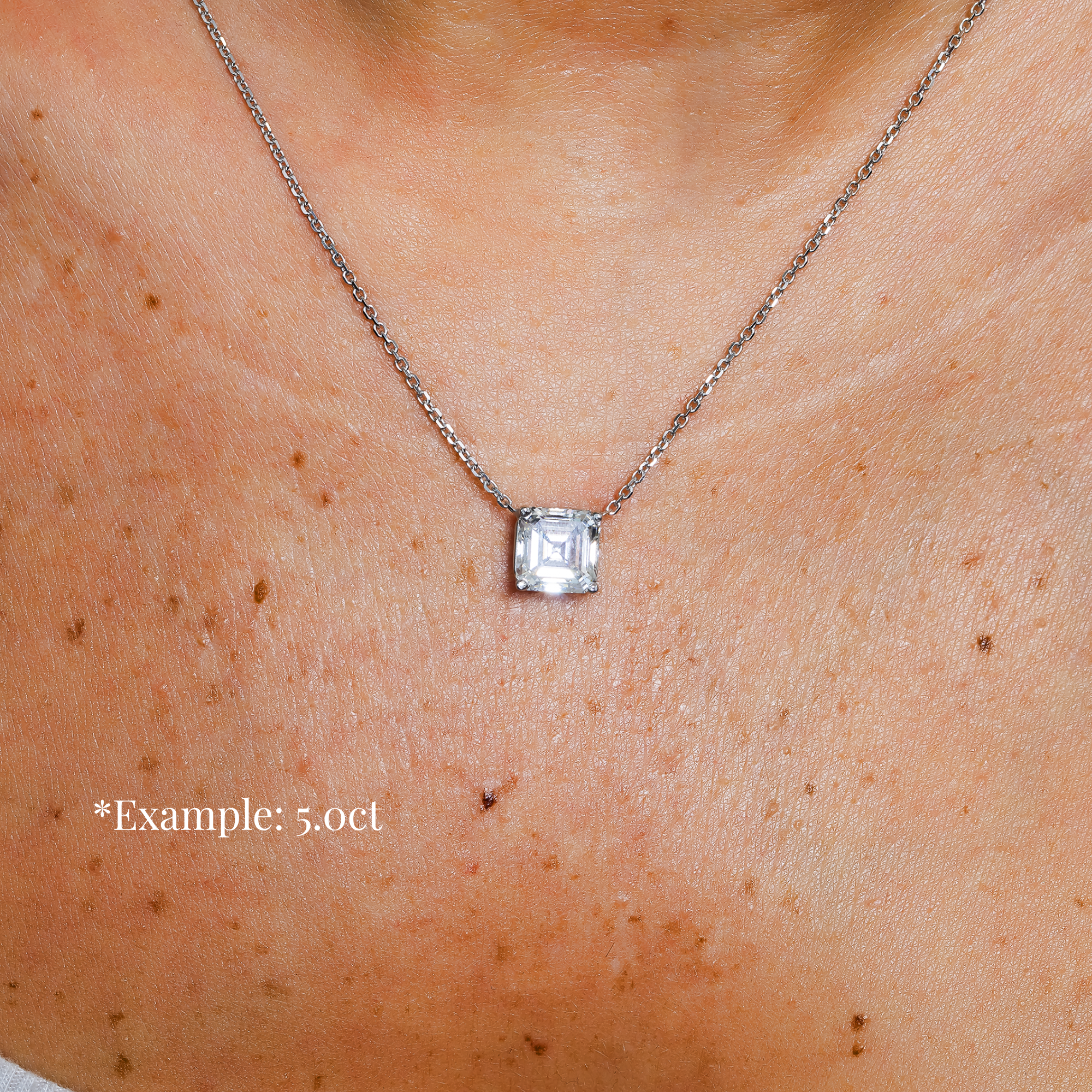 Choose Your Size - 14K White Gold IGI Asscher Diamond Solitaire Adjustable Chain Necklace (2.0ct-6.0ct total)