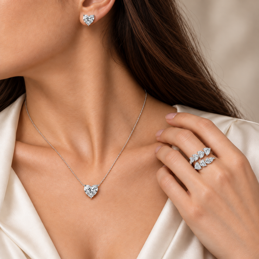 3 Piece Bundle Deal - 14K Gold Heart Diamond Earring, Necklace, & Ring Set