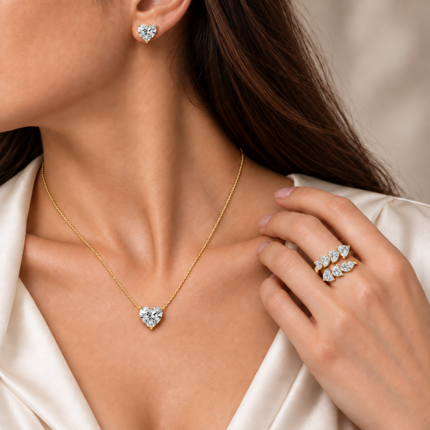 3 Piece Bundle Deal - 14K Gold Heart Diamond Earring, Necklace, & Ring Set