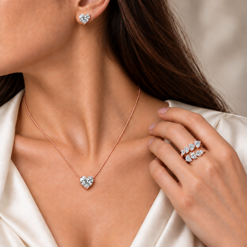 3 Piece Bundle Deal - 14K Gold Heart Diamond Earring, Necklace, & Ring Set