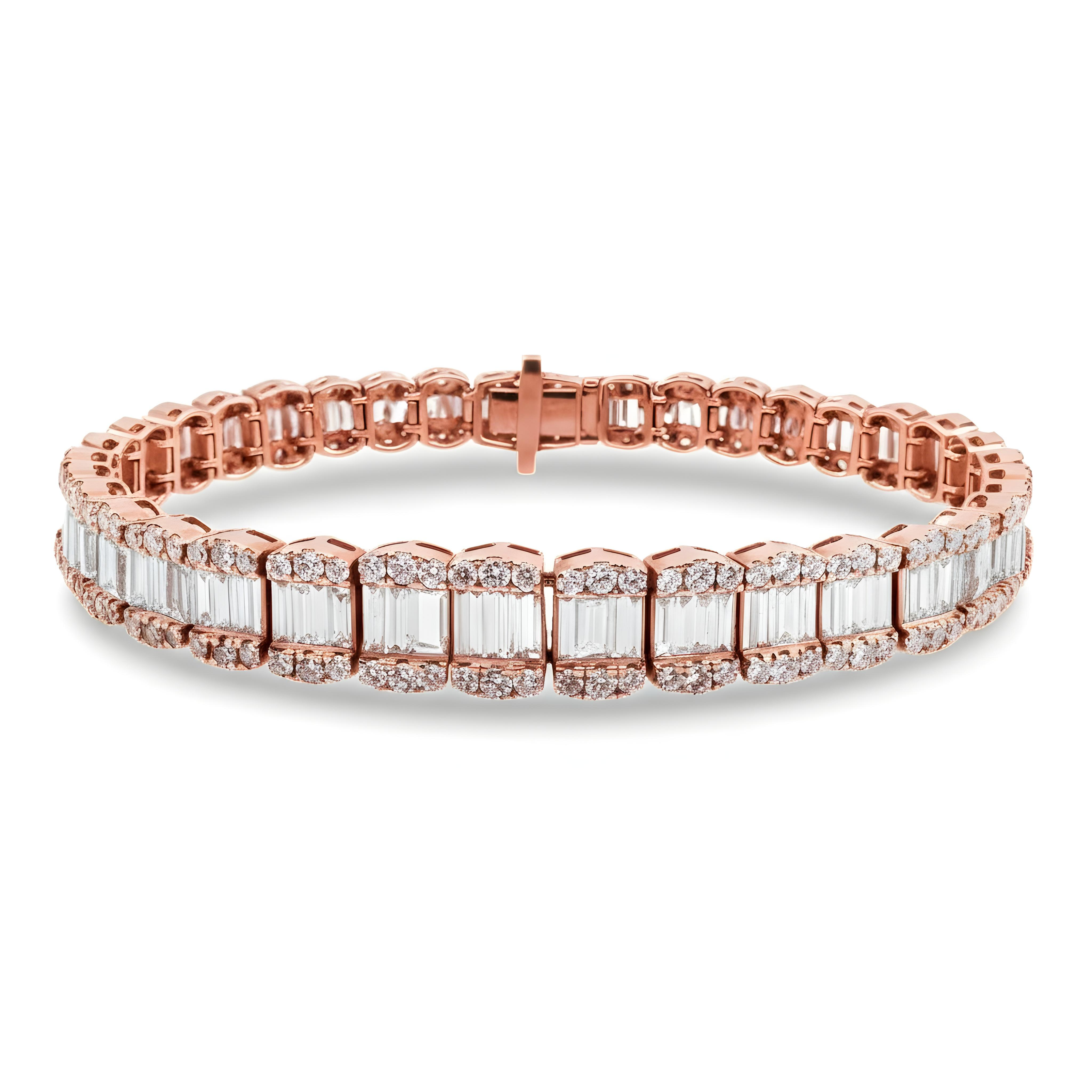 14K Rose Gold Graduated Baguette & Round Diamond Bracelet 14.48ct