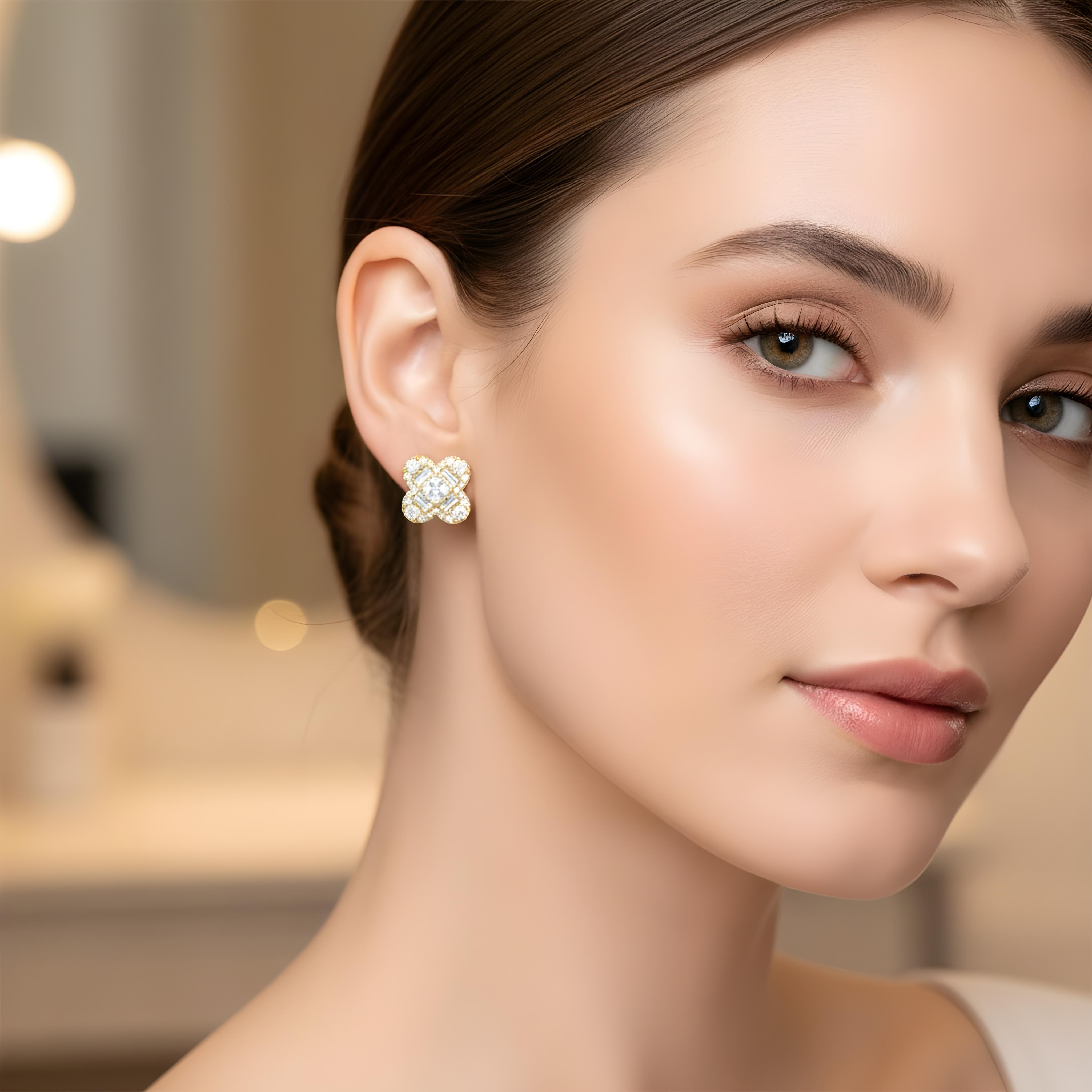 14K White Gold Emerald & Round Diamond Clover Stud Earrings 1.44ctw