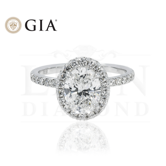 Gia 18K White Gold 1.55Ct Oval Cut Diamond Engagement Ring W/ Halo 2.27Ctw Bridal