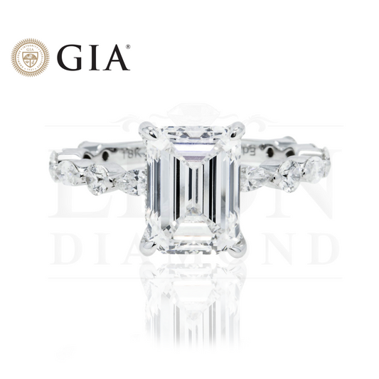 Gia 18K White Gold 3.01Ct Emerald Cut Diamond Engagement Ring 3.93Ctw Bridal