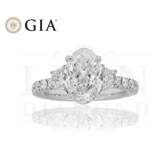 Gia 18K White Gold 3.03 Oval Cut Triple Diamond Engagement Ring 4.18Ctw Bridal