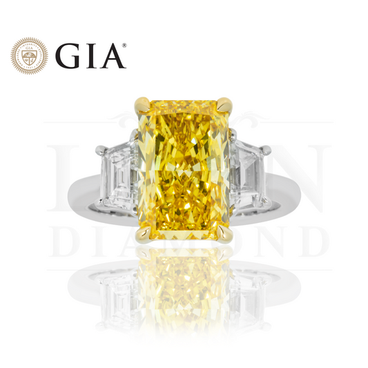 Gia 18K White Gold 4Ct Radiant Cut Fancy Vivid Yellow Diamond Engagement Ring 5.03Ctw Bridal