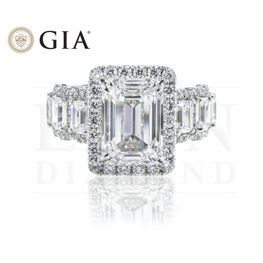 Gia 18K White Gold 5.0Ct Emerald Cut Diamond Engagement Ring 8.03Ctw Bridal