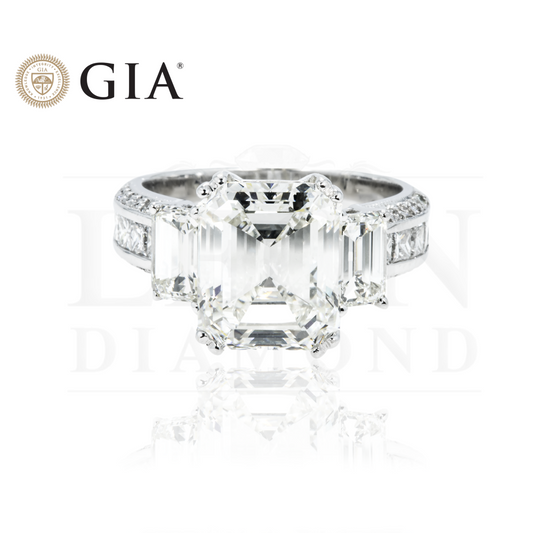 Gia 18K White Gold 5.11Ct Triple Emerald Cut Diamond Engagement Ring 7.09Ctw Bridal