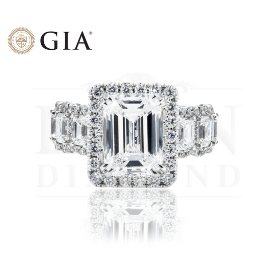 Gia 18K White Gold Emerald Cut Diamond Engagement Ring 6.76Ctw Bridal