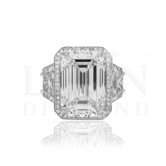 Platinum 12.32Ct Emerald Cut Triple Diamond Engagement Ring 15.31Ctw Bridal