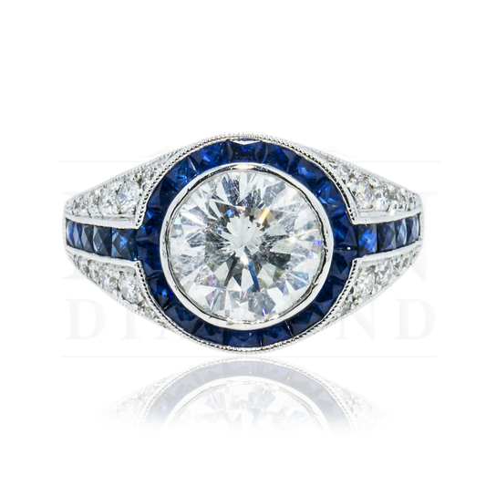 Platinum 2.05Ct Round Cut Diamond & Sapphire Detailed Ring 3.62Ctw Bridal