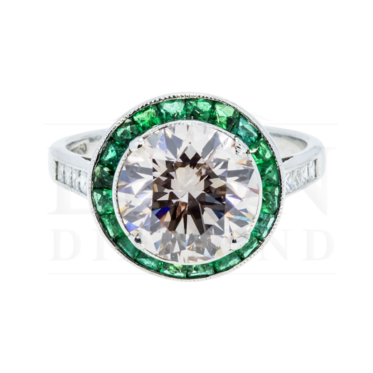 Platinum 3.13Ct Round Diamond & Emerald Halo Detailed Ring 4.13Ctw Bridal