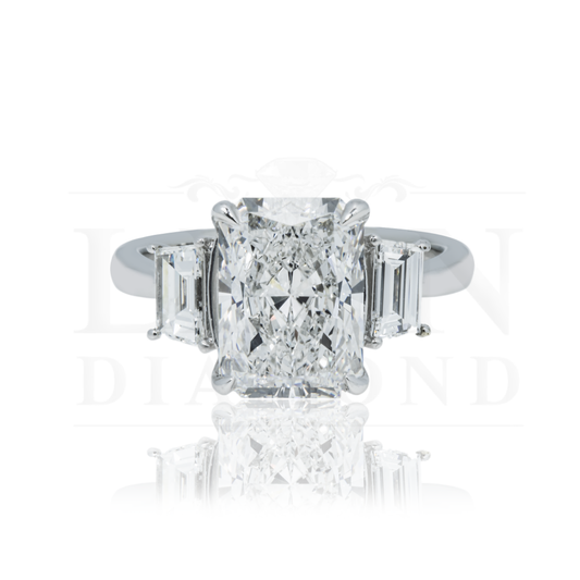 Platinum 3.72Ct Radiant Cut Triple Diamond Engagement Ring 4.38Ctw Bridal