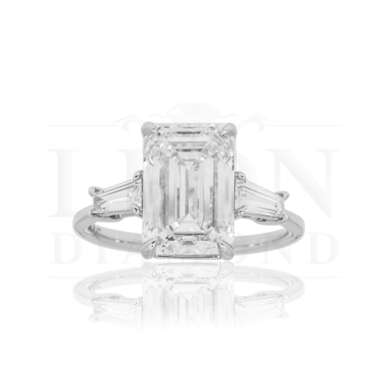 Platinum 4.73Ct Emerald Cut Triple Diamond Engagement Ring 5.15Ctw Bridal