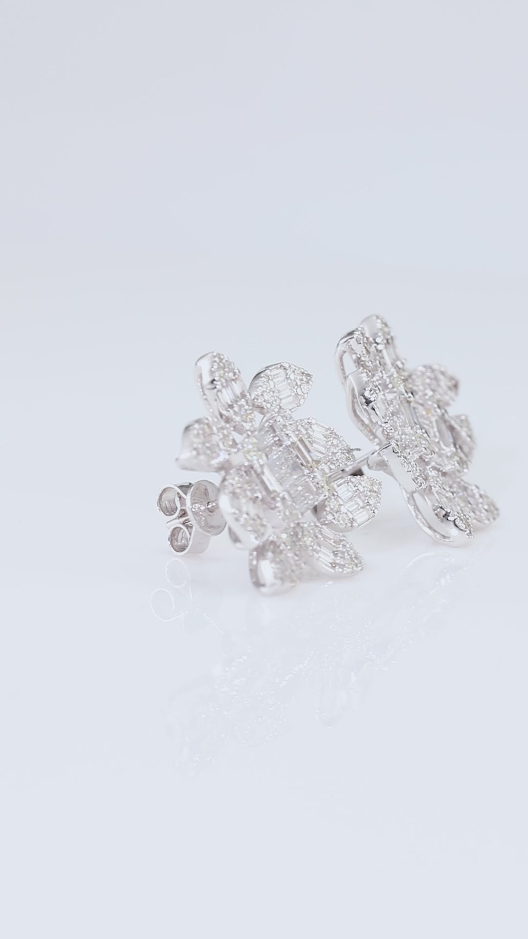 14K White Gold Baguette Diamond Flower Stud Earrings 3.35ctw
