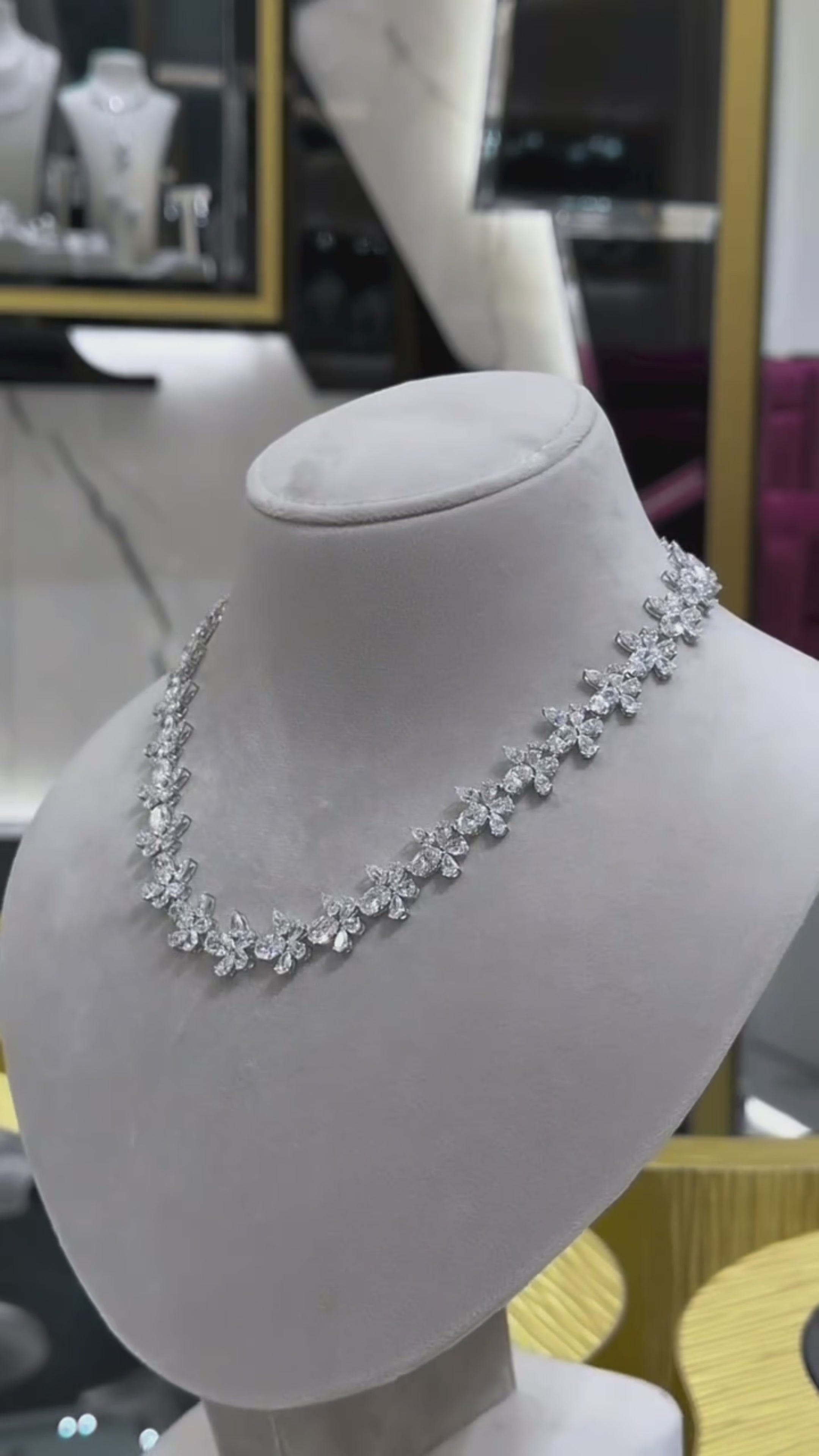 18K White Gold Oval & Pear Cut Diamond Blooming Flower Necklace 61.41ct