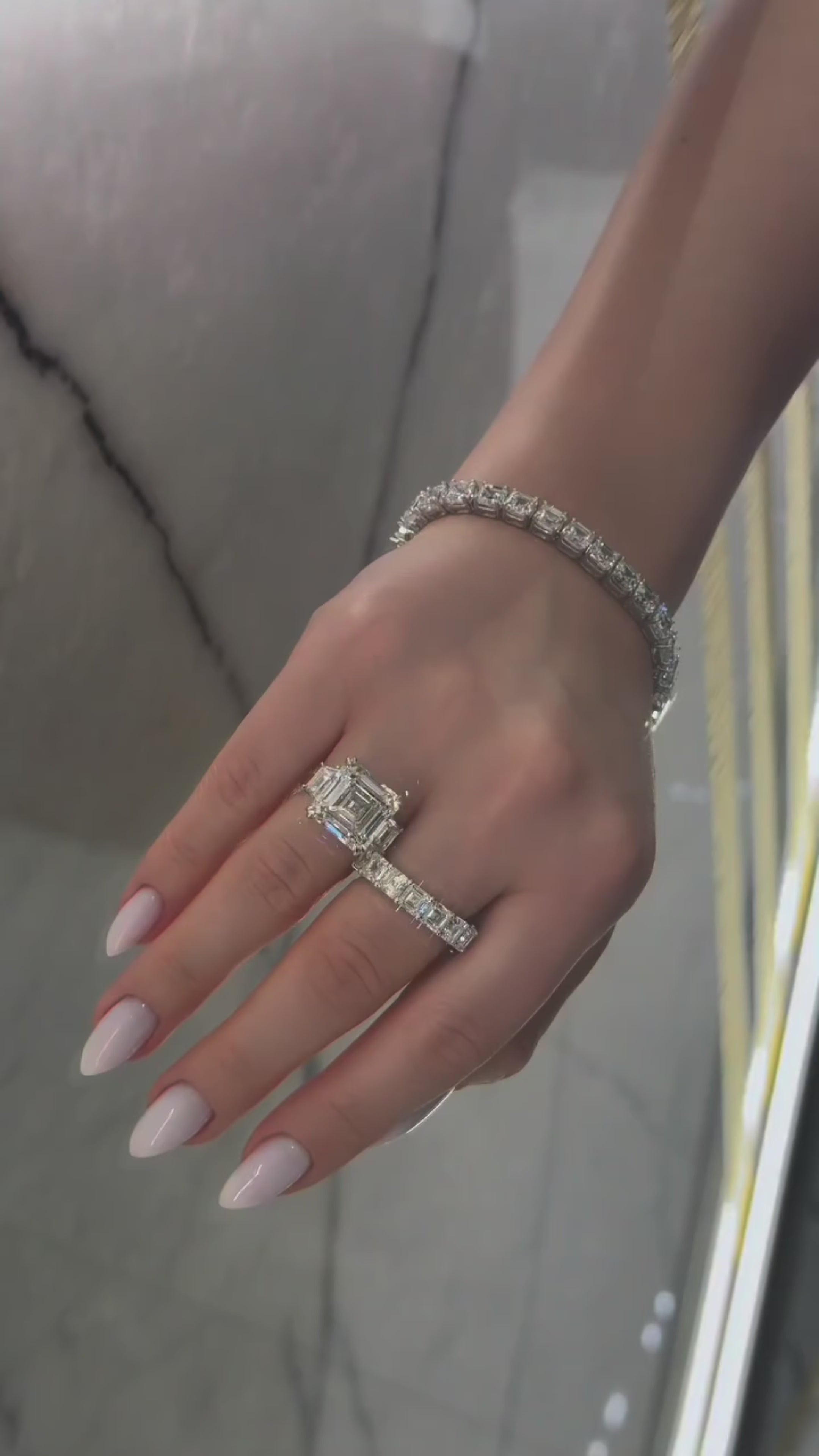 14K White Gold 5.37ct Asscher Cut Triple Diamond Engagement Ring 6.26ctw